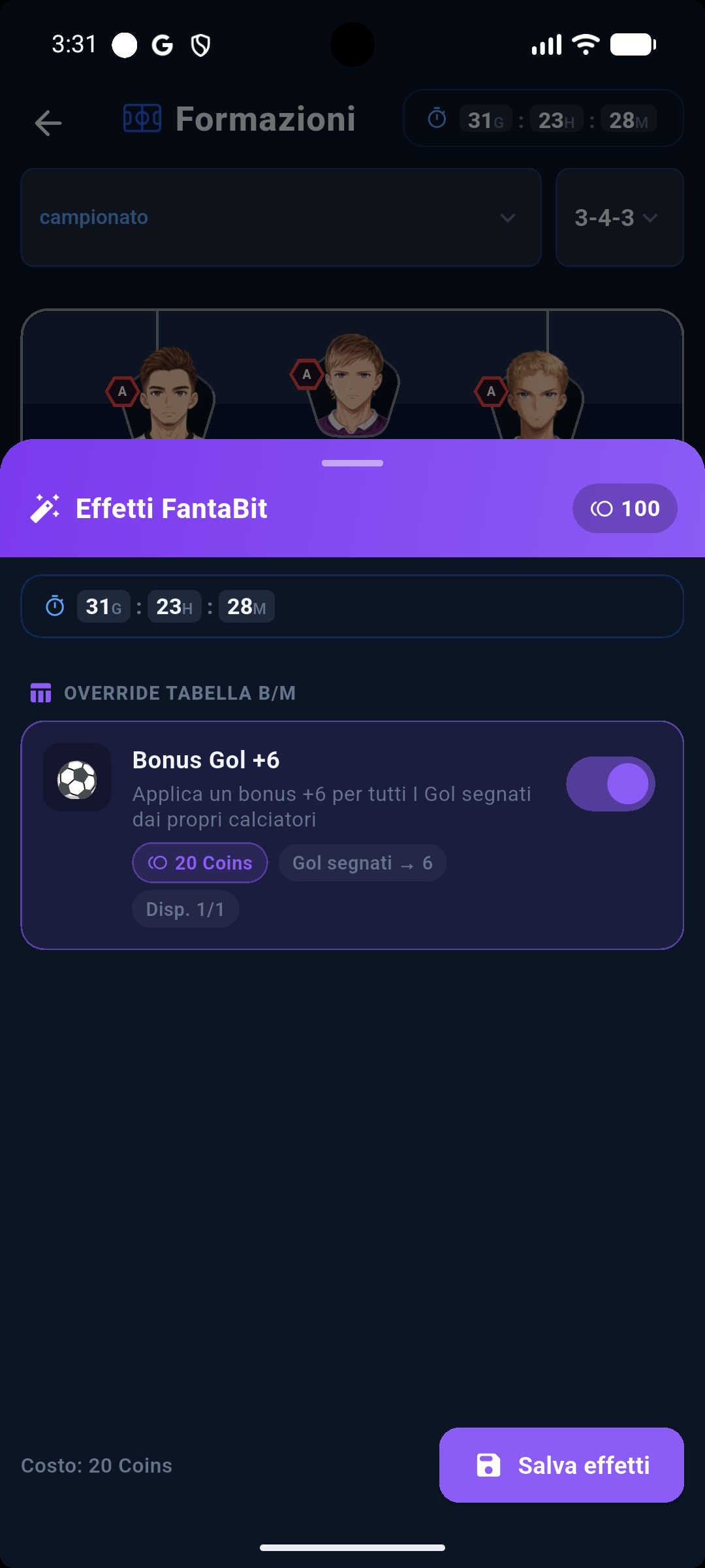 Schermata Effetti FantaBit